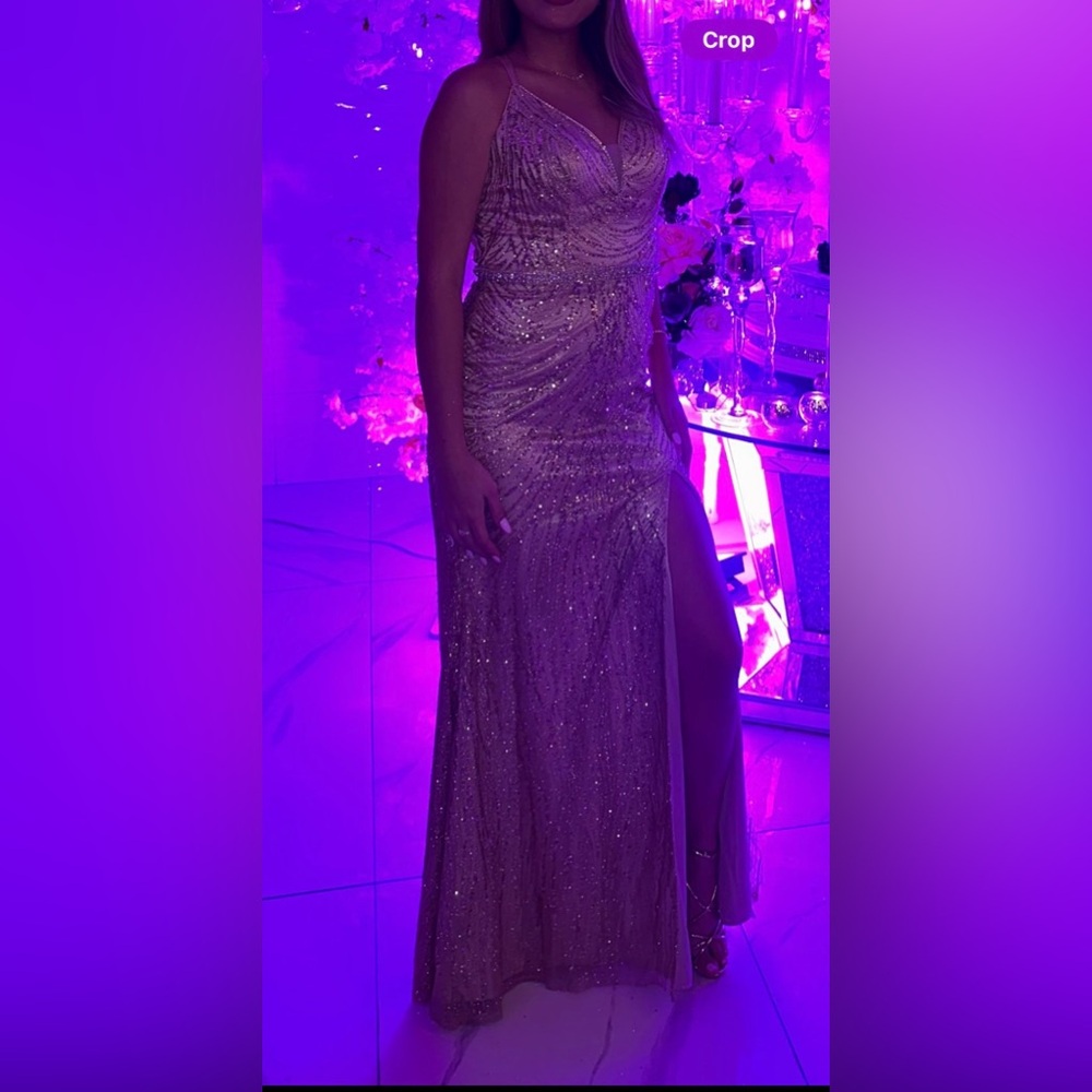 Gold formal glittery dress. Can also be a prom dress